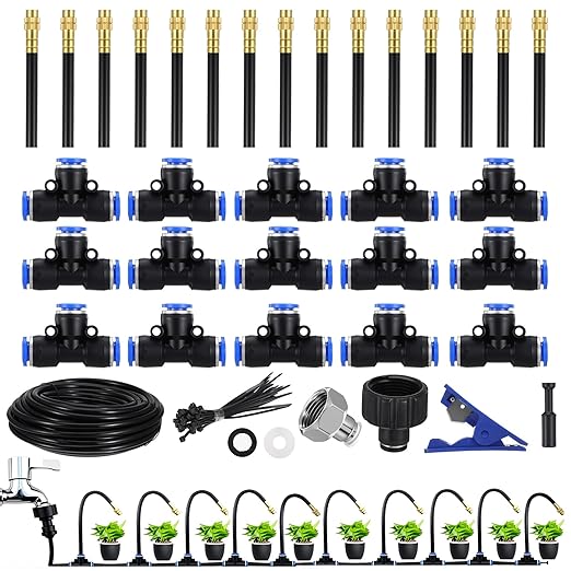 49.21Ft Drip Irrigation Kit, Garden Drip Irrigation System - 360° Adjustable Automatic Watering System with Brass Nozzles for Yard, Lawn, Greenhouse Plants