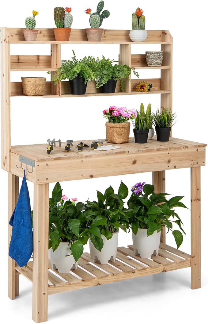 MAT EXPERT Potting Bench Table, 60.5" Garden Table with Open Shelves, Flip-Up Table, Display Rack, Side Hooks, Wooden Plant Bench, Garden Storage, Outdoor Workbench for Garden, Patio, Yard