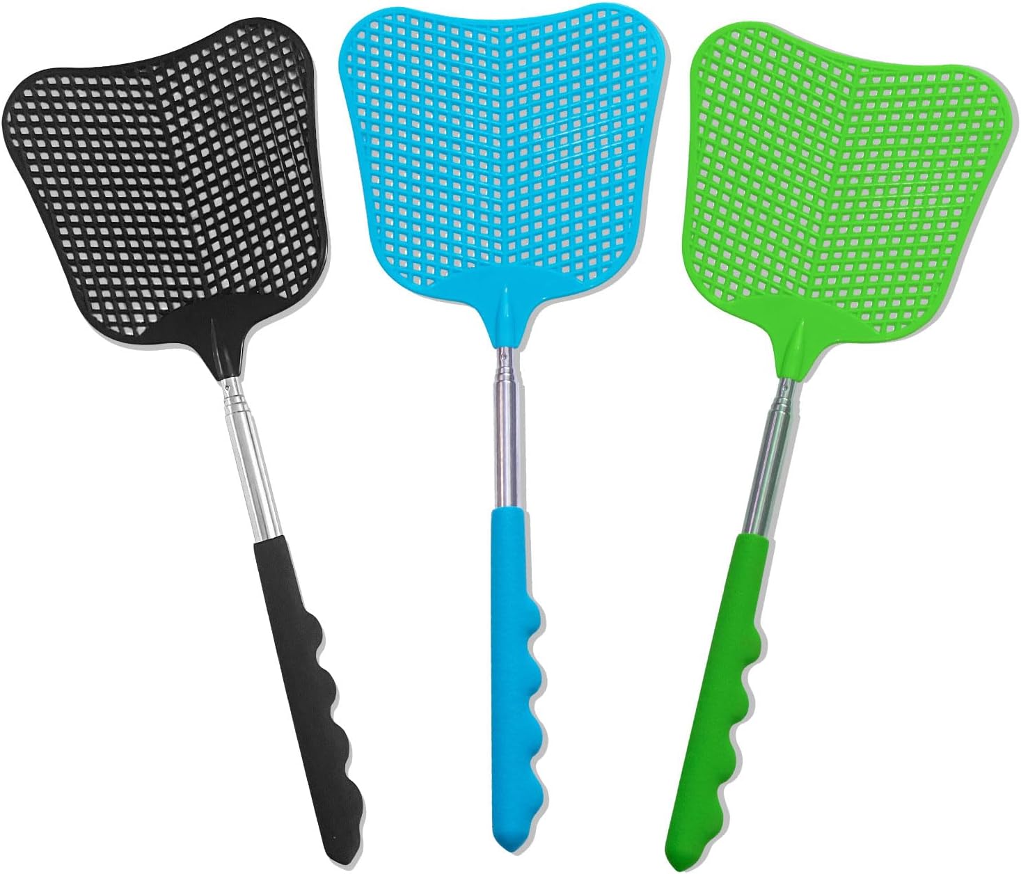 Fly Swatters 2 Pack, Durable Telescopic Stainless Steel Handle, Heavy Duty Black Bug Zapper Racket, Upgraded Plastic Fly Swatter Set for Indoor Outdoor Home Hiking Camping Garden
