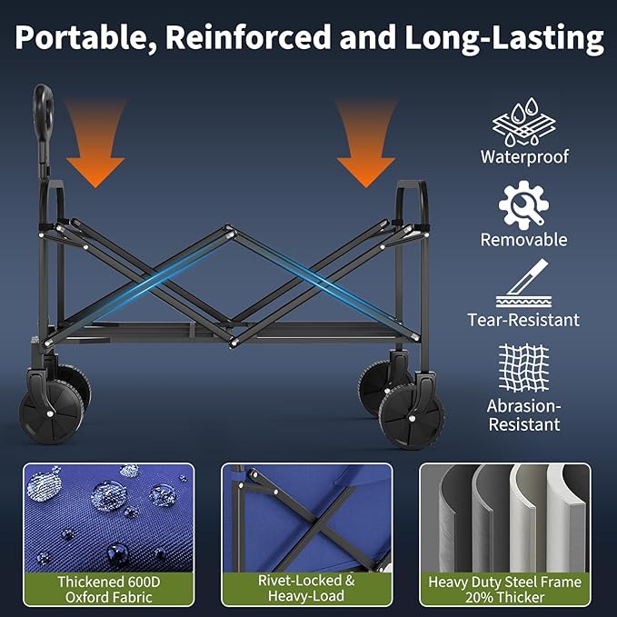 Wagons Carts Foldable, Garvee Utility Collapsible Wagon with All-Terrain Wheels, Drink Holders & Adjustable Handle, 220 LBS Portable Grocery Wagon for Shopping, Camping, Garden -Blue