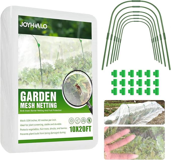 joyhalo Garden Netting for Raised Beds, 6 Sets Garden Hoops with for Raised Beds 10x20 Ft Garden Net, Bird & Cicada Net for Trees, Garden Mesh Netting for Greenhouse, Vegetable, 18 Clips Included