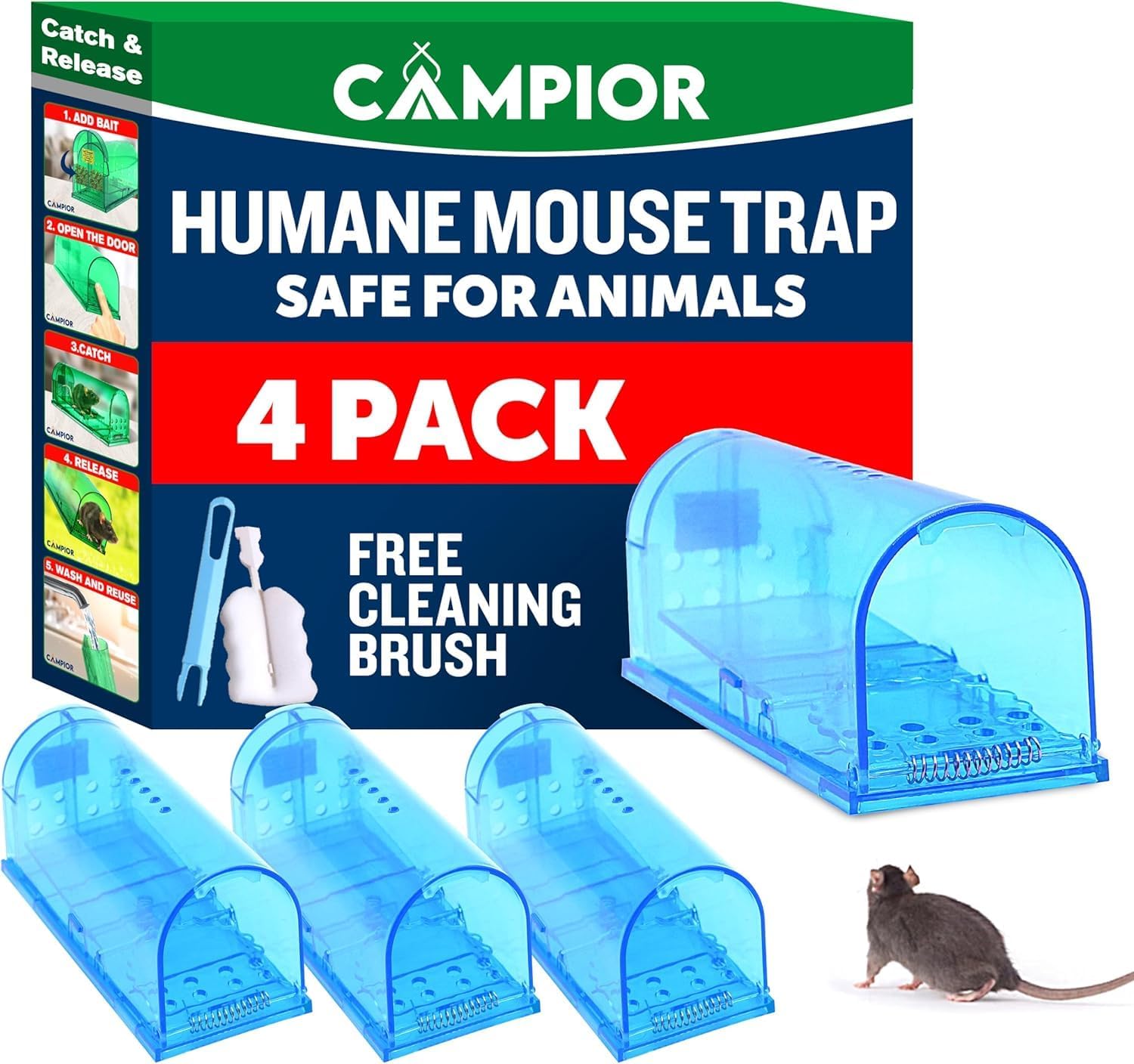 Humane Mouse Trap for House – Large, No-Kill Mouse Traps Indoor for Home, Catch-and-Release Rat and Mouse Trap, Child & Pet Safe, Easy to Clean, No-Touch Release, Pack of 6, Blue