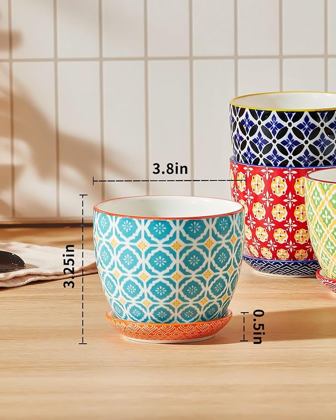 Succulent Ceramic Pots, 3.8 Inch Small Plant Pots with Drainage Hole & Saucer, Flower Planter Pot for Houseplants, Cacti, Home Decor, Set of 4, Vibrant Colors