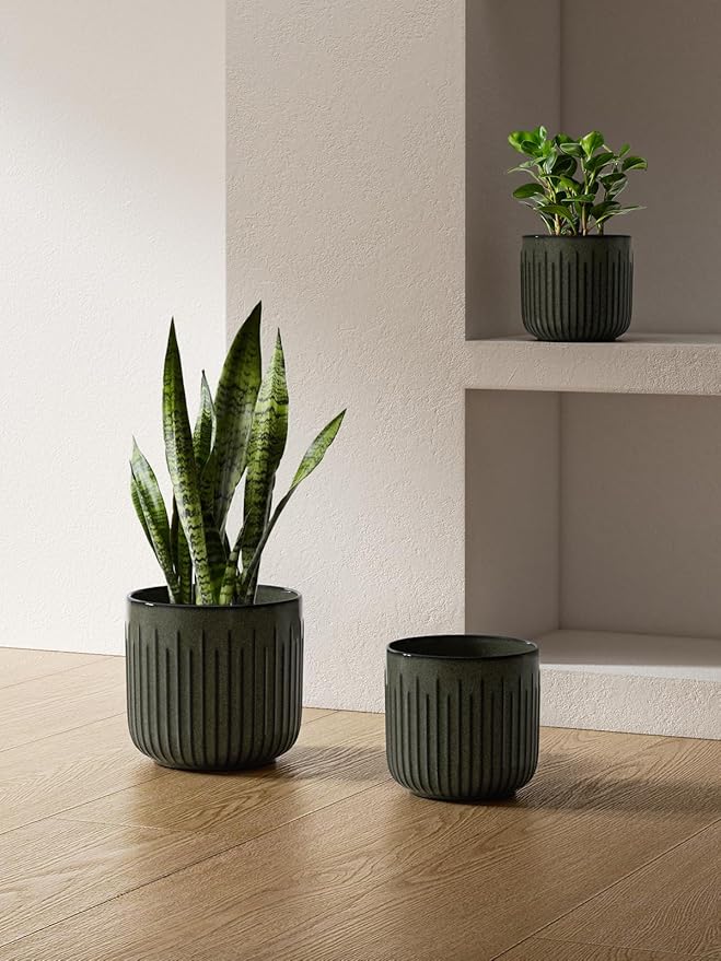 LE TAUCI Fluted Ceramic Pots for Plants, 8.3/7/6 Inch Indoor Planters with Drainage Holes & Mesh, Modern Glossy Glaze Cylinder Plant Pot for Snake Plant, Set of 3, Dark Olive