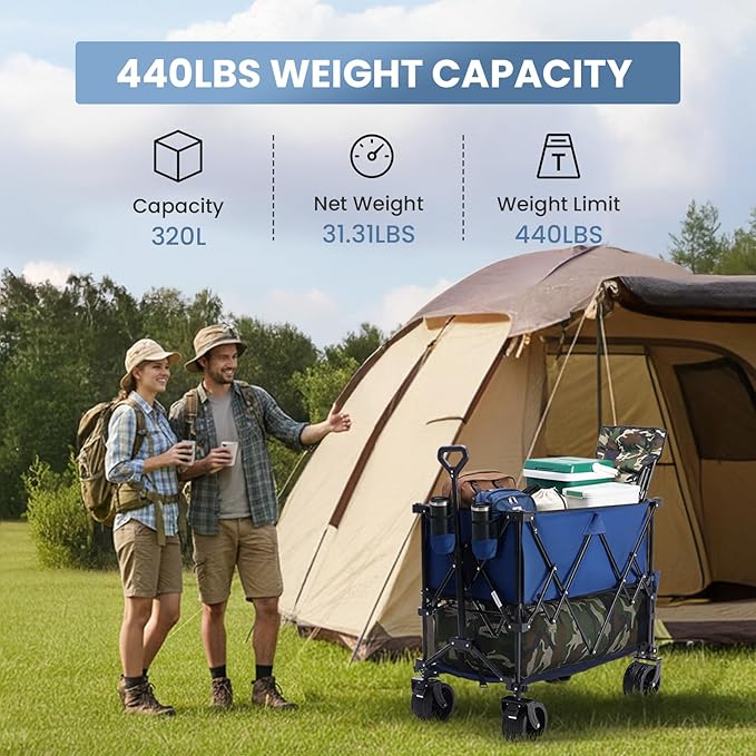 NEWBULIG Large Capacity Folding Double Decker Wagon with Brakes, 440lbs Wagons Carts Foldable Wagon Cart with Flexible Handle, All-Terrain Big Wheels for Grocery Sports Garden Camping