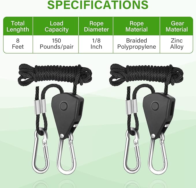iPower 1/8 Inch Adjustable Grow Light Hangers, 8 Feet Long Heavy Duty Rope Reinforced Metal Gears 150lbs Weight Capacity for Plant Tent, Black, 2 Pairs