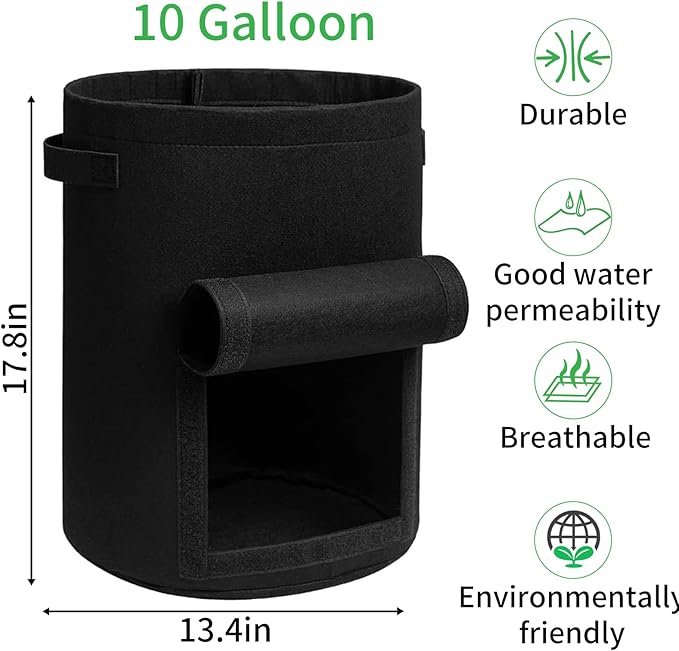 JJGoo 2 Pack Potato Grow Bags 10 Gallon with Flap, Heavy Duty Fabric Grow Bags with Handle and Harvest Window, Non-Woven Planter Pot Plant Garden Bags to Grow Vegetables Potato Tomato, Black