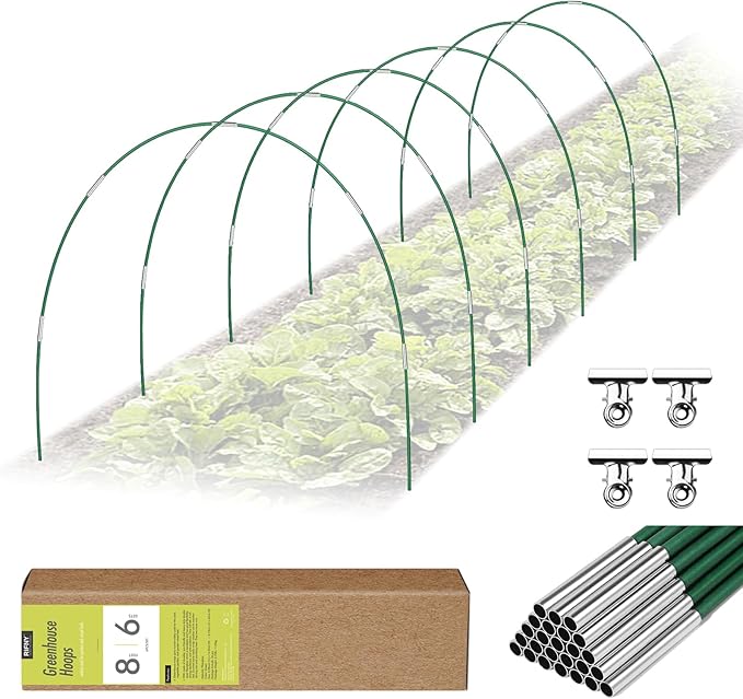 36 PCS Garden Hoops for Raised Beds, Rifny 6 Sets Greenhouse Hoops Kit of 8 FT Long Grow Tunnel, Rust-Free Fiberglass Garden Support Poles for Insect Mesh Netting Freeze Plant Cover (Green)