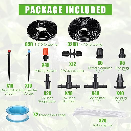 Yaomiao 394 ft Drip Irrigation System Kit, 1/2 Inch Hose 1/4 Inch Distribution Tubing Drip Emitters Adjustable Misting Nozzle Barbed Fittings Patio Misting Plant Watering System for Garden Yard Lawn