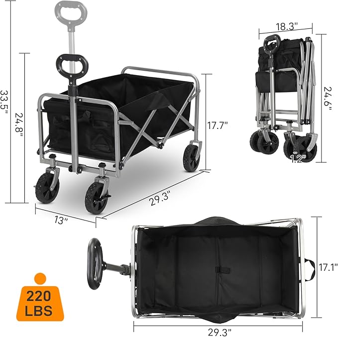 Collapsible Foldable Wagon with 220lbs Weight Capacity,Heavy Duty Folding Utility Garden Cart with All-Terrain Beach Wheels & Drink Holders for Grocery Outdoor Beach Gardening Shopping (Black)