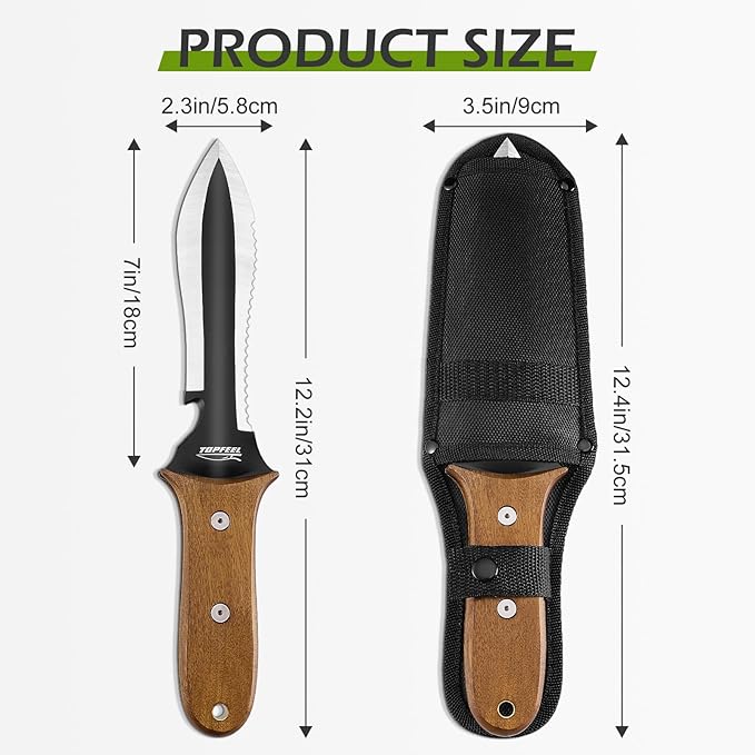 Hori Hori Garden Knife, 7" Stainless Steel Blade with Cutting Edge, Garden Tools with Sheath, Full-Tang Wood Handle with Hanging Hole for Weeding, Planting, Digging