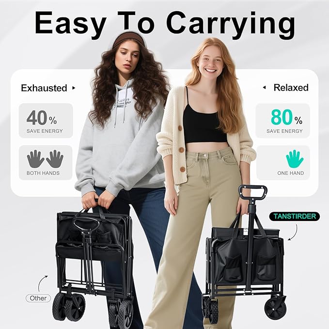 Collapsible Wagon Cart, Lightweight Foldig Wagon with Wheel Heavy Duty with 180lbs Weight Capacity Utility Camping Cart for Groceries Garden Beach Sports Fishing (Black)