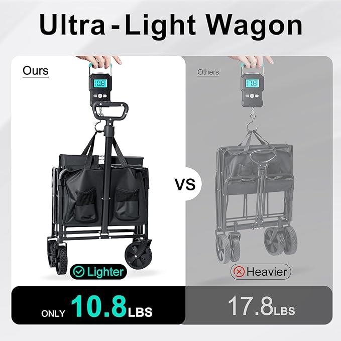 Collapsible Wagon Cart, Lightweight Foldig Wagon with Wheel Heavy Duty with 180lbs Weight Capacity Utility Camping Cart for Groceries Garden Beach Sports Fishing (Black)