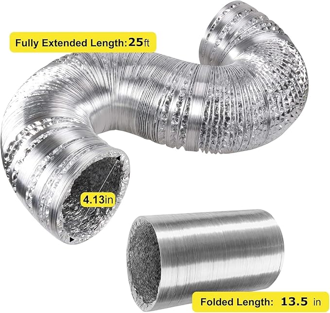 HealSmart 4 Inch 195 CFM Exhaust Inline Vent Booster Blower and 25 Feet Non-Insulated Flex Air Aluminum Foil with 2 Clamps for Indoor Grow Tent Hydroponics Ventilation, Quiet