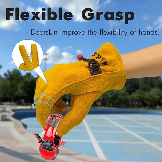 Kids Leather Gardening Work Gloves, Safety Gloves, Reflective Breathable Design, for Children Gardening& Outdoor (Yellow 3 Pairs, X-Large (12-14 Years Old))