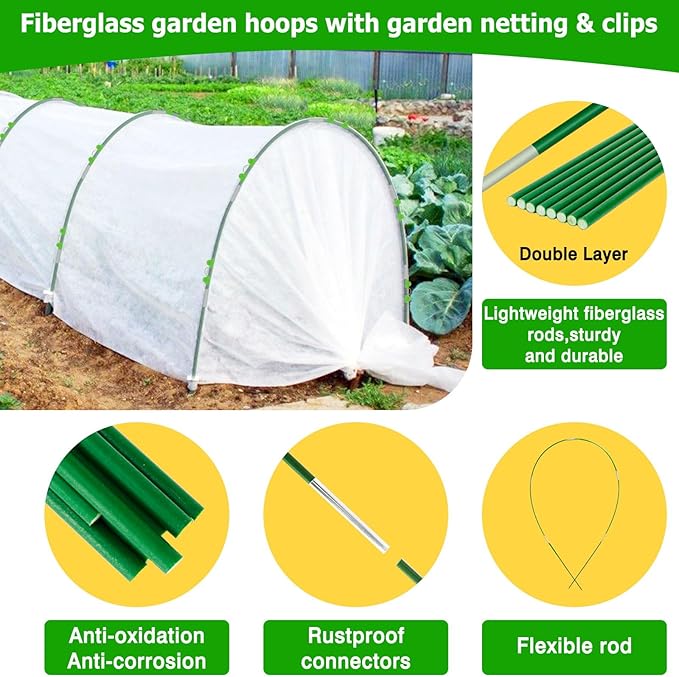 Garden Hoops and Netting for Raised Beds, Fiberglass Greenhouse Hoops Grow Tunnel with 10x50ft Ultra Fine Mesh Netting Kit Pest Barrier for Garden Protection, Deer Bird Insect Bug Gardening Plant Net