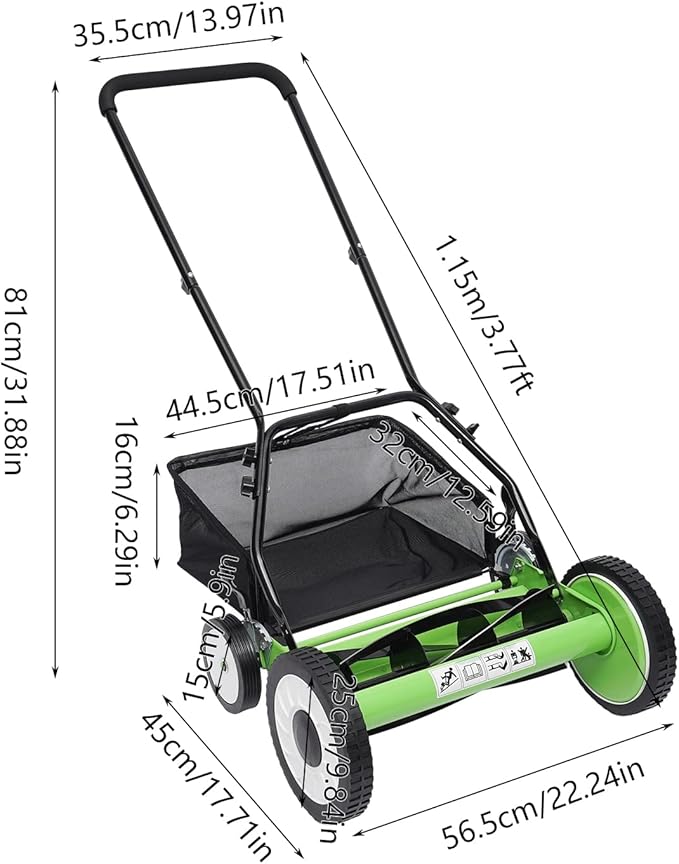 16 Inch Manual Push Reel Lawn Mower with Adjustable Mowing Height, 5 Blades and Collection Bag, Push Lawn Sweeper Grass Catcher Outdoor Power Tools for Picking up Leaves,Grass and Debris on Lawns