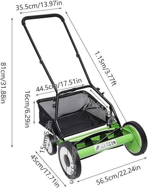 16 Inch Manual Push Reel Lawn Mower with Adjustable Mowing Height, 5 Blades and Collection Bag, Push Lawn Sweeper Grass Catcher Outdoor Power Tools for Picking up Leaves,Grass and Debris on Lawns