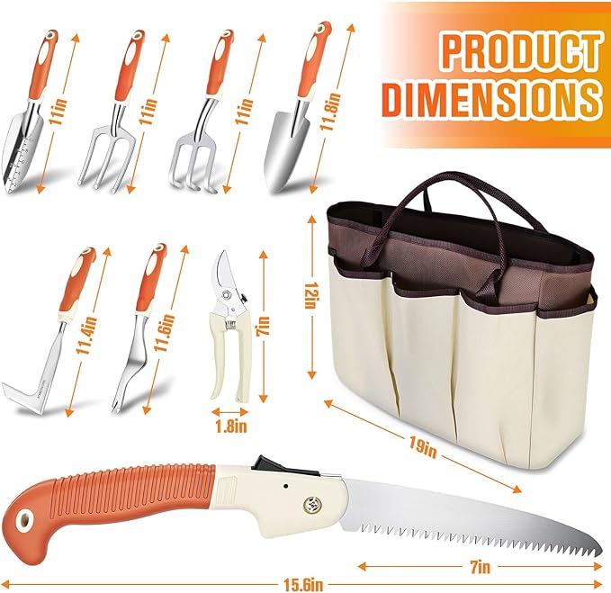 Garden Tool Set - 10 PCS Heavy Duty Stainless Steel Gardening Tools Set with Storage Bag, Gardening Kit Ideal Gardening Gifts for Women & Men, Indoor/Outdoor Use for Digging, Planting, Pruning