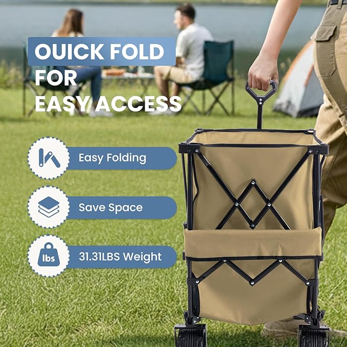 NEWBULIG Large Capacity Folding Double Decker Wagon with Brakes, 440lbs Wagons Carts Foldable Wagon Cart with Flexible Handle, All-Terrain Big Wheels for Grocery Sports Garden Camping