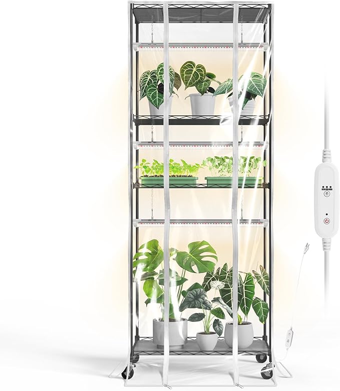 Bstrip Indoor Greenhouse with Grow Light, 23.5"x13.8"x59" Portable Metal Greenhouse Shelves with T8 2FT Full Spectrum Grow Light & Timer, Adjustable Plant Stand for Indoor Plant, Spring Seed Starting