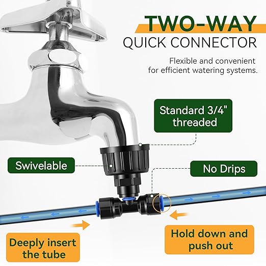 Meonum 65FT Greenhouse Watering System, Quick Connector Hanging Plant Watering System Automatic Mist Irrigation Kit with 1/4'' Blank Tubing, Two way Faucet Connector, Adjustable Misting Nozzle(1 Pack)