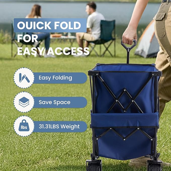 NEWBULIG Large Capacity Folding Double Decker Wagon with Brakes, 440lbs Wagons Carts Foldable Wagon Cart with Flexible Handle, All-Terrain Big Wheels for Grocery Sports Garden Camping