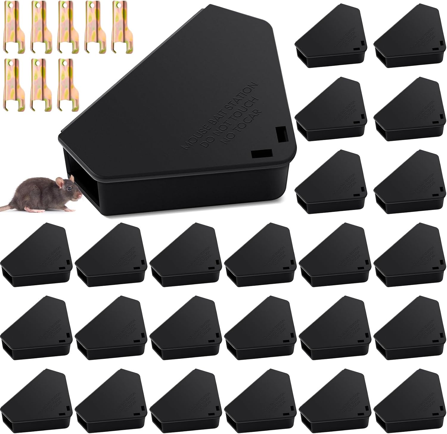 Qualirey 12 Pcs Mice Station with Key Triangle Bait Station Reusable Rodent Trap Box, Keeps Children and Pets Safe Indoor & Outdoor, Bait Not Included, Suitable for Small Mice (Black)