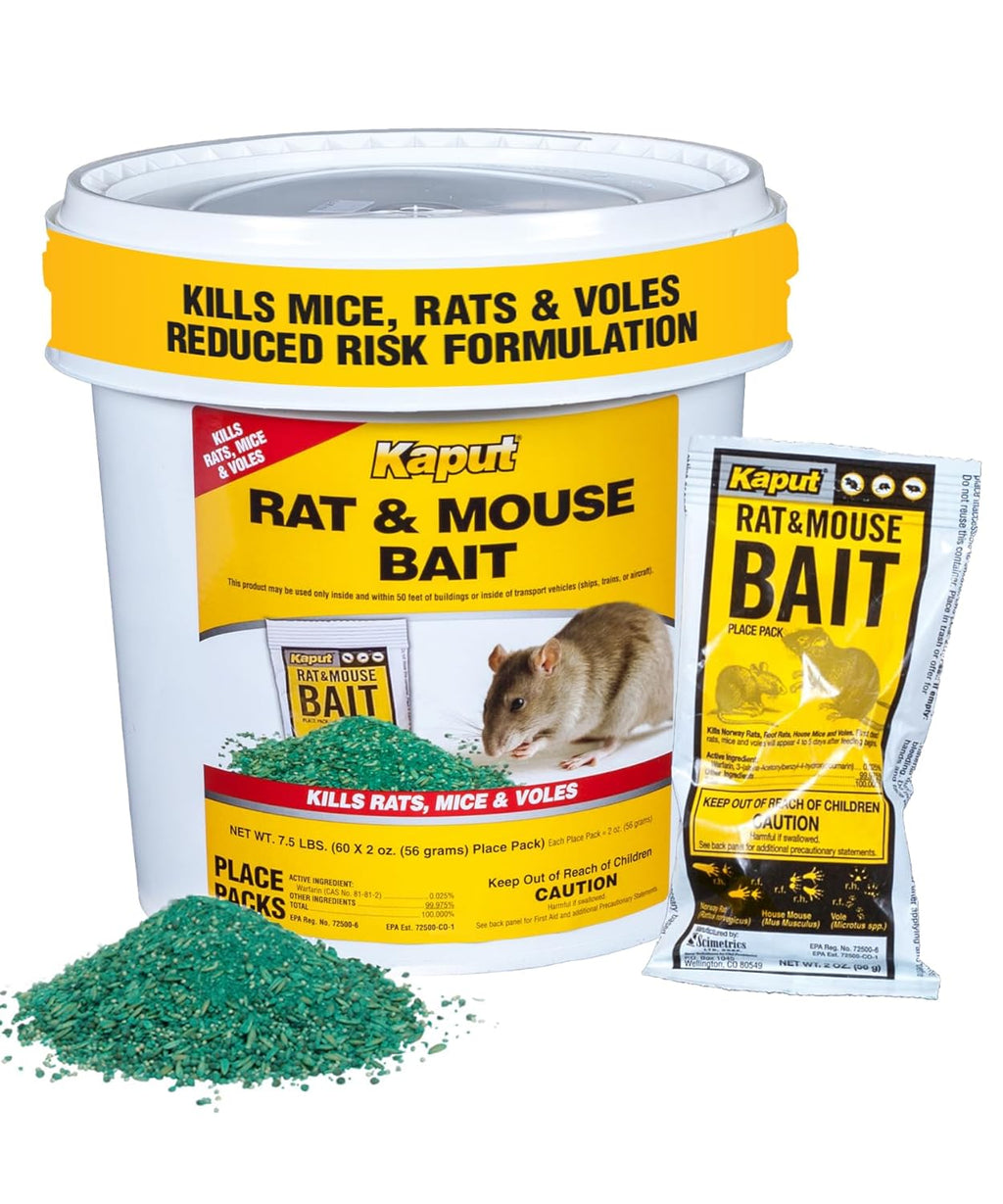 Kaput Rat & Mouse Bait- Effective Warfarin Formula for Rodent Control - Low Toxicity Rat Bait, Safe for Pets & Wildlife - Indoor & Near-Building Use, 32 Packets, 2 oz Each