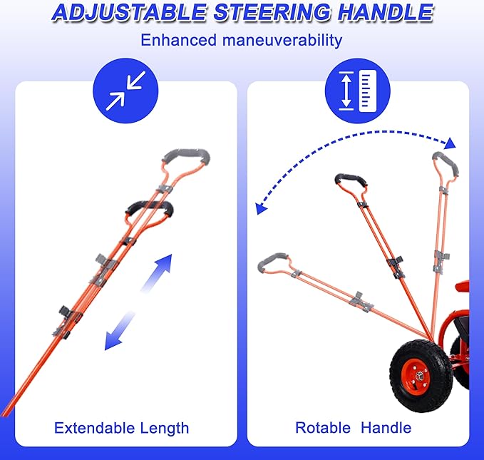 Heavy Duty Garden Cart Rolling Scooter with Adjustable Swivel Seat, 360° Rotation, 10" Pneumatic Tires, Extendable Steering Handle & Tool Basket – Outdoor Yard Gardening Seat with Storage Tray (Red)