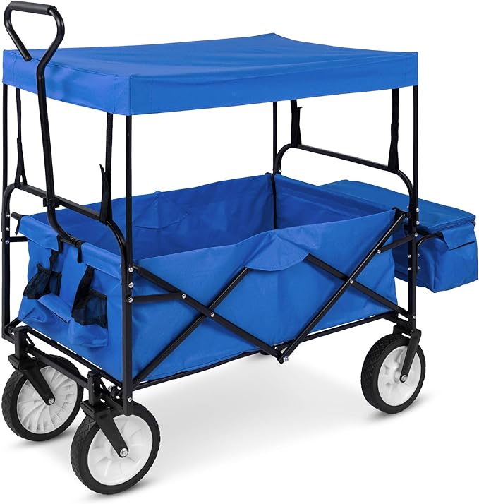 Best Choice Products Collapsible Folding Outdoor Utility Wagon with Canopy Garden Cart for Beach, Picnic, Camping, Tailgates w/Removable Canopy, Detachable Pockets, 150lb Weight Capacity - Blue
