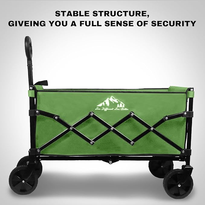Collapsible Wagon 352LBS Capacity, Foldable Large Wagons Carts, Heavy Duty Outdoor Folding Wagon with All-Terrain Wheels, Utility Garden Beach Wagon with Storage Bag Green