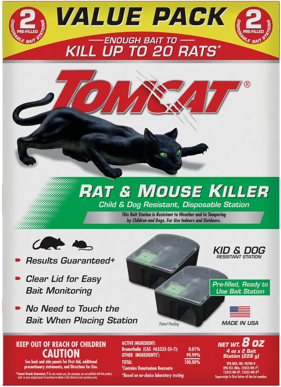 Tomcat Rat & Mouse Killer, Child & Dog Resistant Refillable Station — Tamper-Resistant Indoor/Outdoor Bait Station with Clear Monitoring Window, 1 Station and 15 Bait Blocks