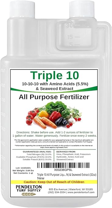 Triple 10 All Purpose Liquid Fertilizer 10-10-10 with Amino Acids (5.5%) & Seaweed Extract (32oz)