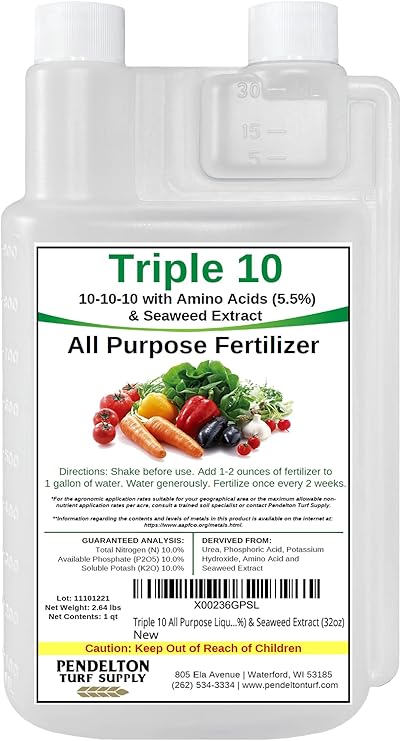 Triple 10 All Purpose Liquid Fertilizer 10-10-10 with Amino Acids (5.5%) & Seaweed Extract (32oz)
