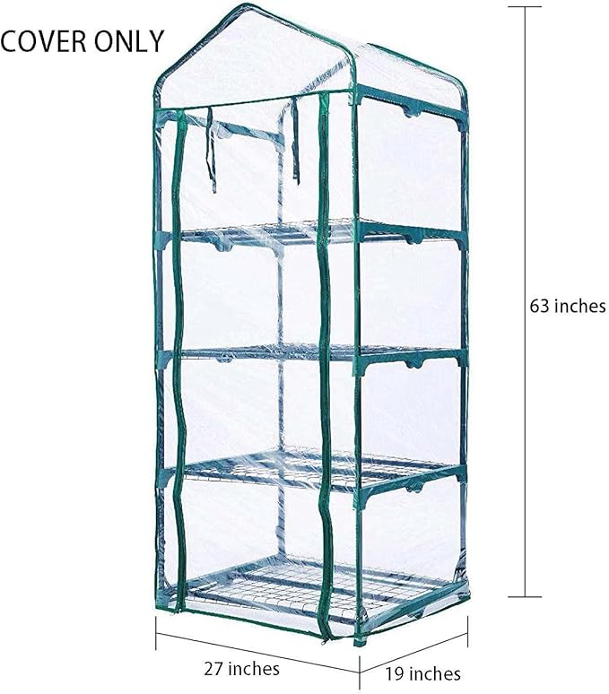 4-Tier Greenhouse Replacement Cover Clear PVC Greenhouse Cover with Roll-Up Zipper Door - 27" L x 19" W x 63" H