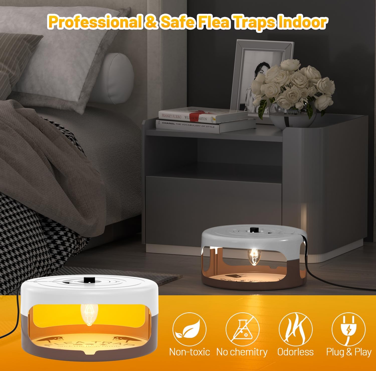 2 Pack Flea Traps for Inside Your Home, Indoor Flea Light, Bed Bug Killer with 8 Sticky Pads & 4 Light Bulb, Odorless Natural Insect Infestation Treatment Trap for Kid Pet