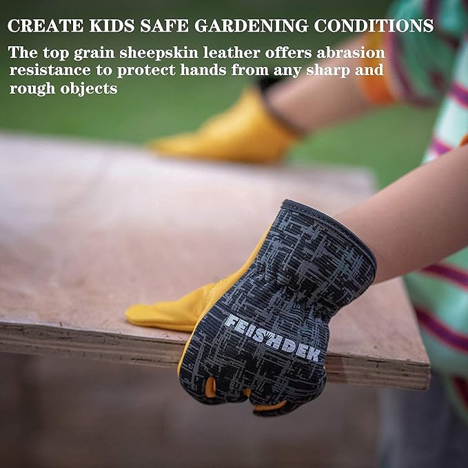 Kids Genuine Leather Work Gloves, Kids Gardening Work Gloves, Safety Glove, Reflective, Breathable Design, Perfect for Children Gardening, Yard Work, Outdoor (Large, Black, 6-7 Years Old)