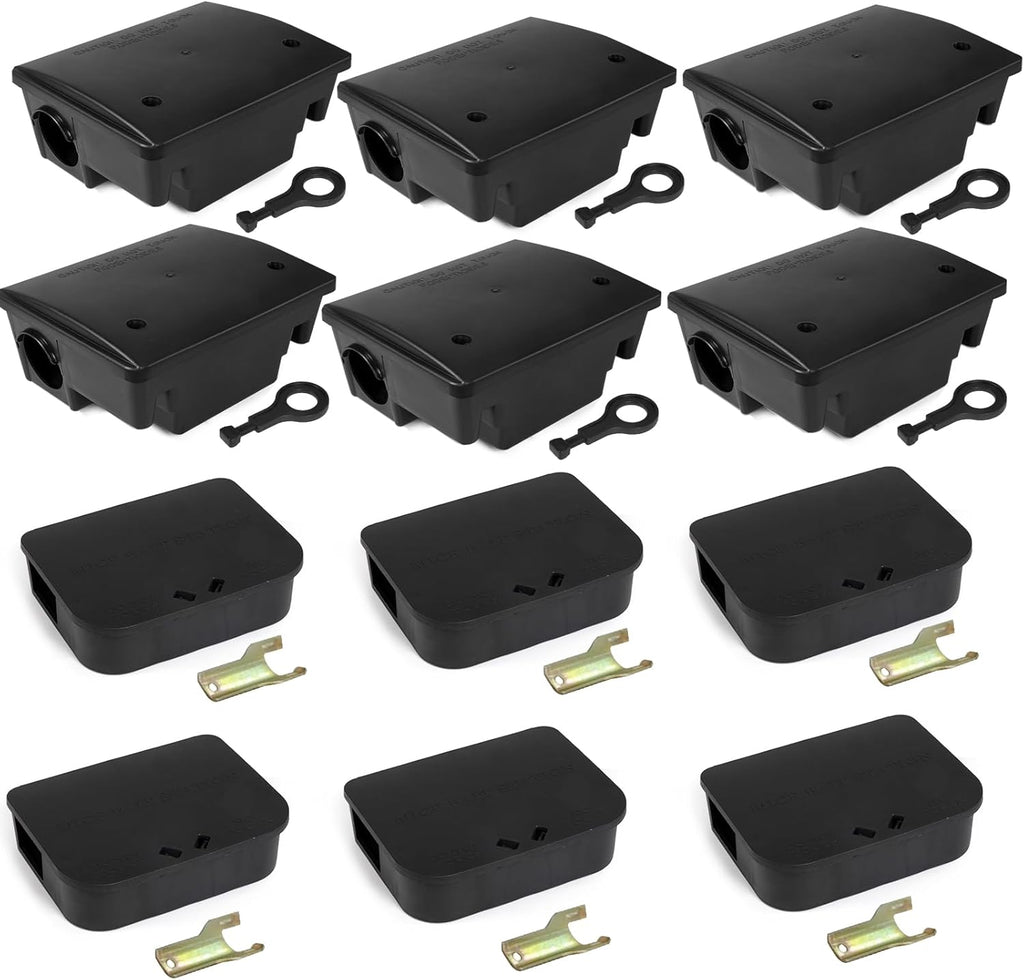 12 Pack Key–Required Rat Bait Stations & Mouse Bait Stations – 6 Large & 6 Compact, Lockable Weather–Resistant Plastic for Indoor & Outdoor – Keeps Children & Pets Safe