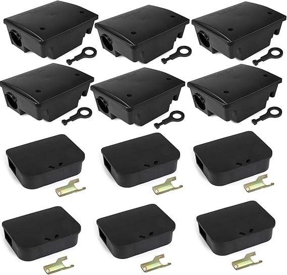 12 Pack Key–Required Rat Bait Stations & Mouse Bait Stations – 6 Large & 6 Compact, Lockable Weather–Resistant Plastic for Indoor & Outdoor – Keeps Children & Pets Safe