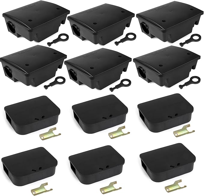 12 Pack Key–Required Rat Bait Stations & Mouse Bait Stations – 6 Large & 6 Compact, Lockable Weather–Resistant Plastic for Indoor & Outdoor – Keeps Children & Pets Safe