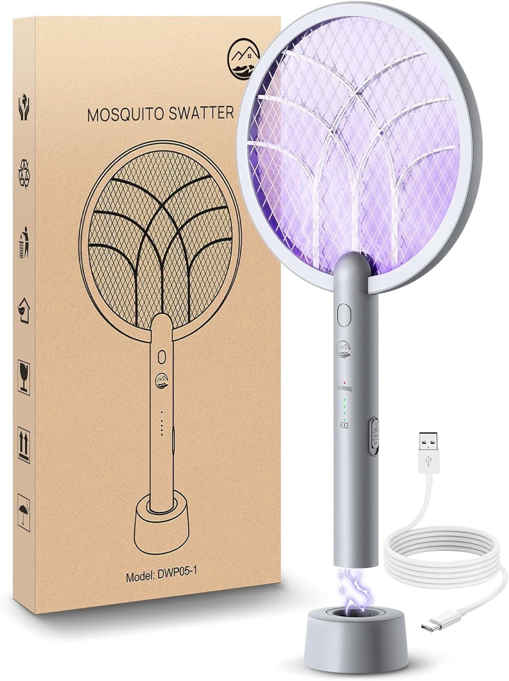 Electric Fly Swatter Racket, 4000V Bug Zapper with 1800mah Rechargeable Battery & Dual Modes, 2 in 1 Purple Mosquito Light Killer with 3-Layer Safety Mesh for Indoor Home Patio Camp(1 Pack)