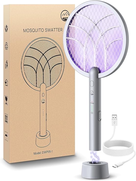 Electric Fly Swatter Racket, 4000V Bug Zapper with 1800mah Rechargeable Battery & Dual Modes, 2 in 1 Purple Mosquito Light Killer with 3-Layer Safety Mesh for Indoor Home Patio Camp(1 Pack)