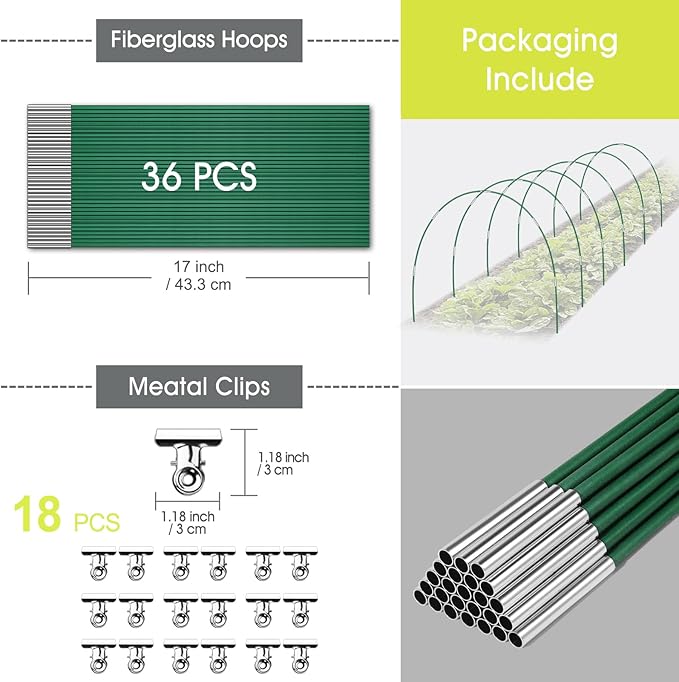 36 PCS Garden Hoops for Raised Beds, Rifny 6 Sets Greenhouse Hoops Kit of 8 FT Long Grow Tunnel, Rust-Free Fiberglass Garden Support Poles for Insect Mesh Netting Freeze Plant Cover (Green)