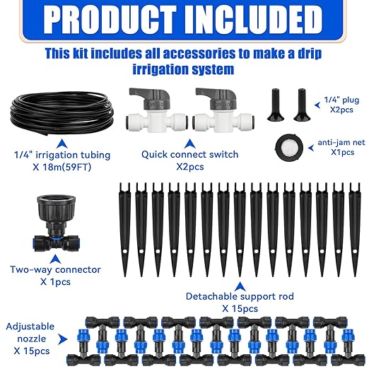 59FT Mist Drip Irrigation System, Automatic Garden Watering System with Adjustable Atomizing Misting Nozzle, 1/4 inch Blank Distribution Tubing Watering Drip Kit for Garden, Greenhouse, Lawn