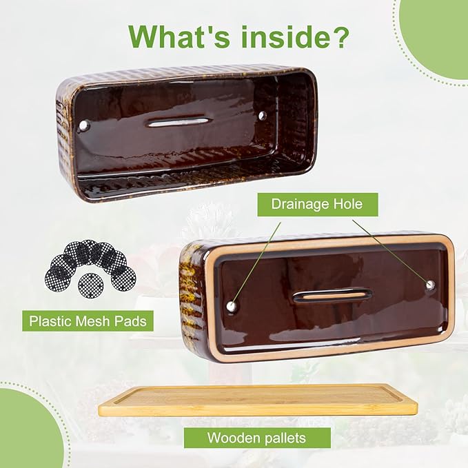 Succulent Pots - 12 Inch Large Succulent Planters with Drainage Tray, Window Sill Planter, Long Rectangle Ceramic Pots for Indoor Cactus Plants Shallow Bonsai Window Box for Home Garden Decor