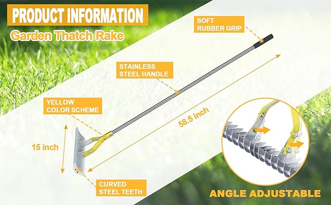 Thatching Rake 15-Inch Wide for Cleaning Dead Grass Efficient Steel Metal Grass Rake with Stainless Steel Handle Lawn loosening Soil 58.5-Inch Length
