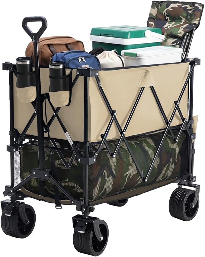 NEWBULIG Large Capacity Folding Double Decker Wagon with Brakes, 440lbs Wagons Carts Foldable Wagon Cart with Flexible Handle, All-Terrain Big Wheels for Grocery Sports Garden Camping