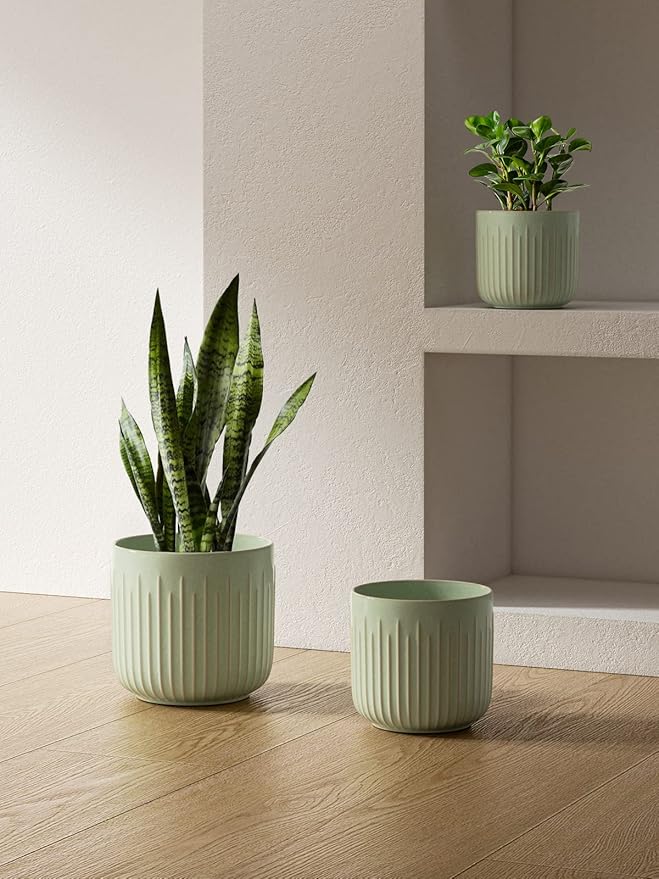 LE TAUCI Fluted Ceramic Pots for Plants, 8.3/7/6 Inch Indoor Planters with Drainage Holes & Mesh, Modern Glossy Glaze Cylinder Plant Pot for Snake Plant, Set of 3, Sage Green