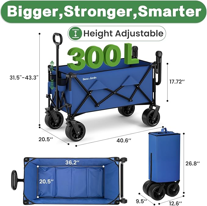 BEAU JARDIN Folding Push & Pull Beach Wagon 500 lbs Collapsible Foldable Wagons with Push Handle All Terrain Wheels Grocery Utility Camping Skiing Ice Fishing Sports Garden Wagon Cart Blue